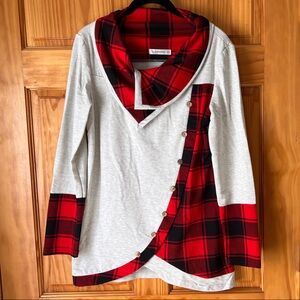 Plaid Accent Long Sleeve Top - Red and Gray